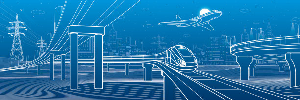 概述公路桥。汽车天桥。火车。飞机飞行。城市基础设施和交通说明。城市场景。矢量设计艺术。蓝色背景上的白线素材图片
