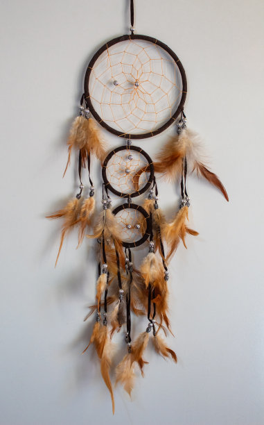 褐色捕梦网，橙色羽毛，白色背景图片下载