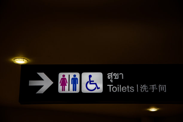 厕所标志用泰、英、中三种语言显示，有男性、女性和坐轮椅的残疾人的图标，黑色led面板上的白色箭头指向右边。图片下载