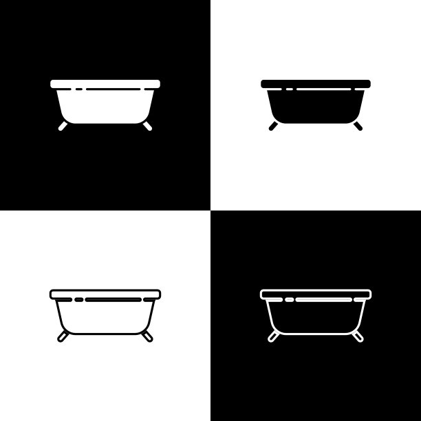 设置浴缸图标隔离在黑色和白色图片下载