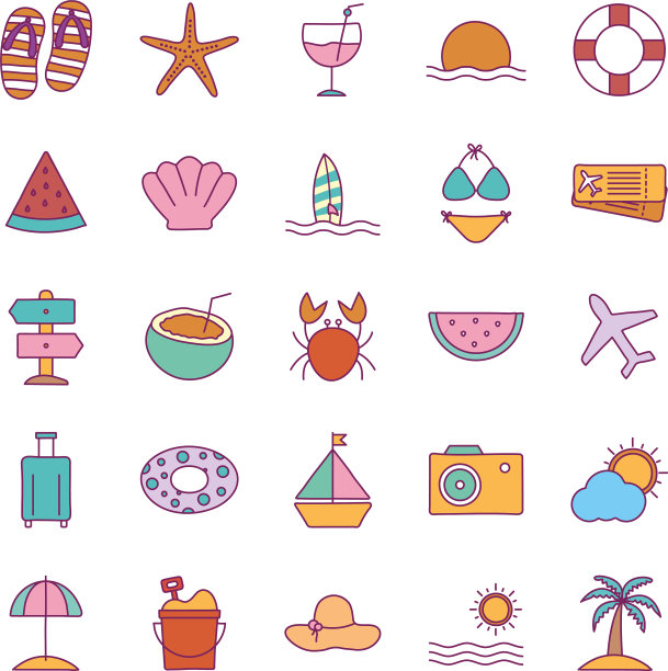 夏季线条和填充风格图标集设计图片下载