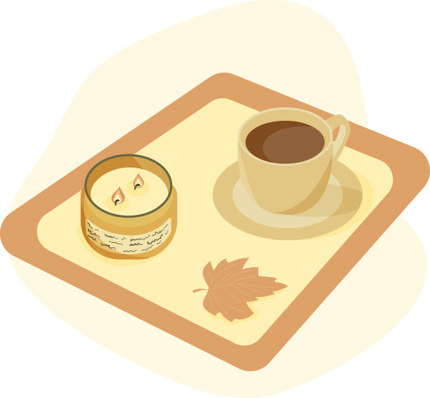 舒适的hygge风格。温暖的秋天的心情。叶子，蜡烛和两盏灯和美味的咖啡托盘在一个明亮的背景。可爱的平面卡通矢量插图。共鸣。图片下载