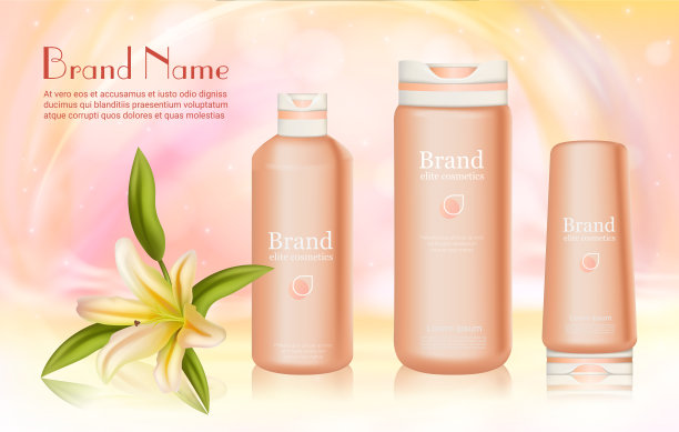 身体护肤化妆品系列与百合成分矢量插图，逼真的3d化妆品瓶霜，乳液，沐浴露或洗发水护理产品图片下载
