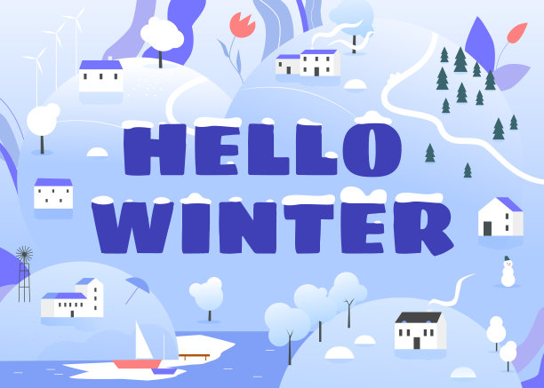 Hello winter概念矢量插画，卡通平雪冬季景观与山上的村庄房屋，雪人，树木和Hello winter文字字体设计背景图片下载