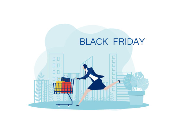 黑色星期五，圣诞节前一天，一位推着手推车的女商人。图片下载