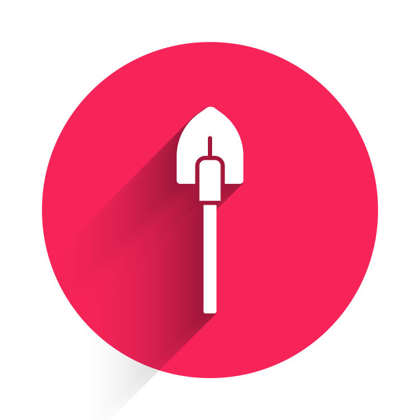 白色铲子图标孤立与长影子。园艺工具。园艺、农业、农业的工具。红色圆圈按钮。向量图片下载