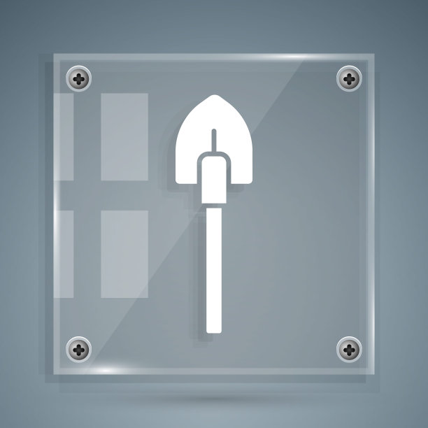 白色铲子图标孤立在灰色背景。园艺工具。园艺、农业、农用工具。方形玻璃面板。向量图片下载