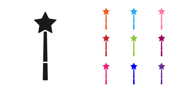黑色魔法棒图标孤立的白色背景。星形神奇配件。神奇的力量。设置彩色图标。向量图片下载