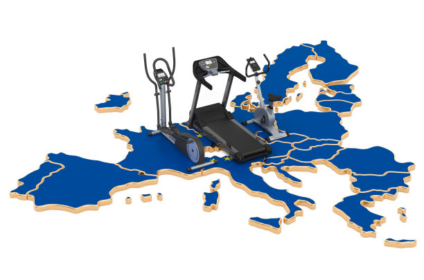 欧盟的体育俱乐部。欧盟地图上的健身器材。3D渲染孤立的白色背景图片下载