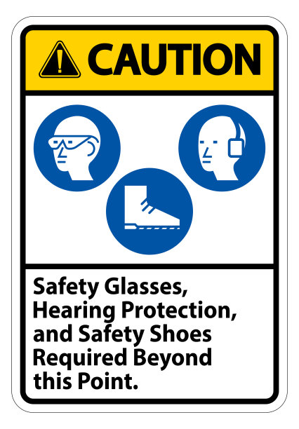 警告标志安全眼镜，听力保护，安全鞋超过这个点需要在白色背景图片下载