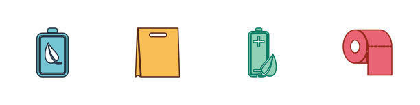 设置环保叶片和电池，购物袋，卫生纸卷图标。向量图片下载
