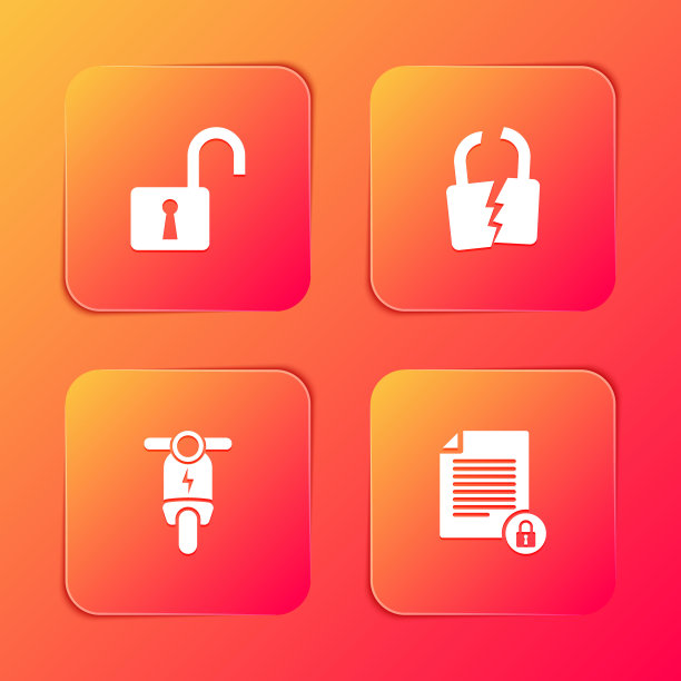 设置打开的挂锁，破损或破裂，电动滑板车和文件和图标。向量图片下载