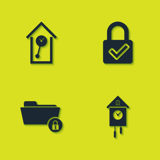 设置复古墙手表，文件夹和锁和锁检查标志图标。向量图片下载