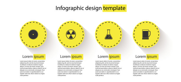 集圆锯片，放射性，试管，烧瓶，啤酒杯。业务信息模板。向量图片下载