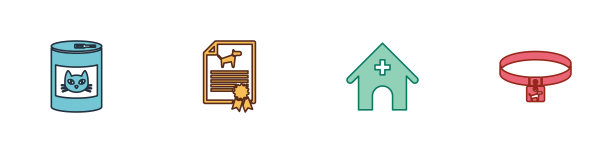 猫罐头食品，狗证书，兽医医院和狗项圈图标。向量图片下载