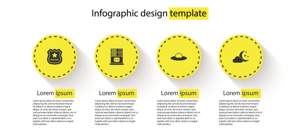 设置警察徽章，邮件服务器，飞碟飞行的飞船和云与月亮和星星。业务信息模板。向量图片下载
