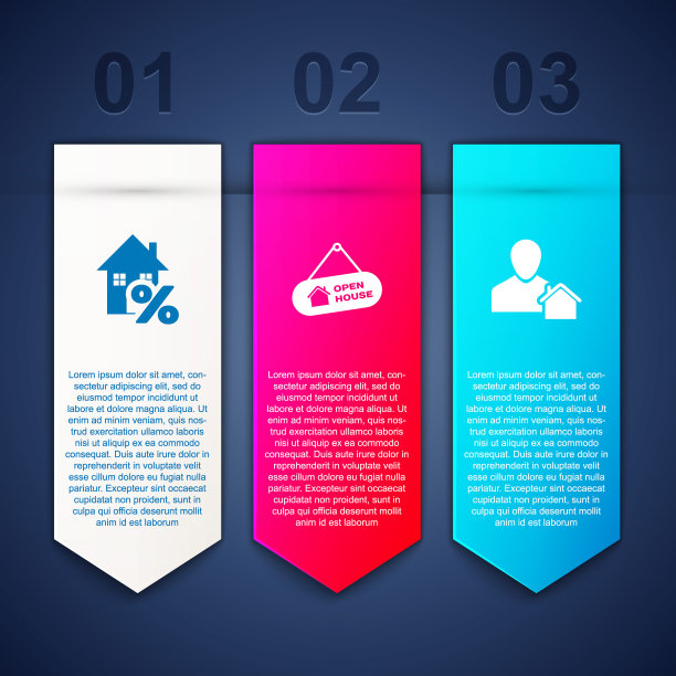 设置房子与percant，悬挂标志开放的房子和房地产经纪人。业务信息图模板。向量图片下载