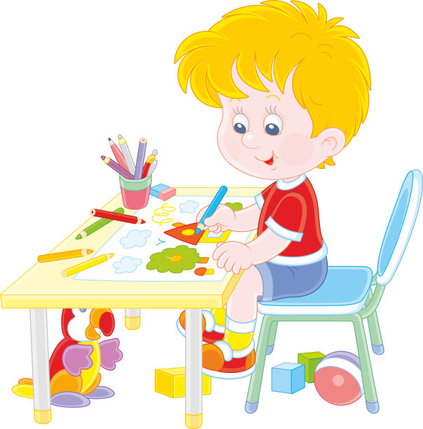 小男孩正在用彩色铅笔画画图片下载