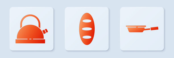 面包条，带柄水壶，煎锅。白色正方形按钮。向量图片下载
