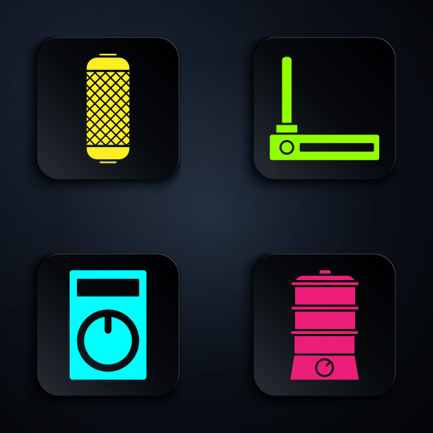 设置双锅炉，立体声扬声器，遥控器，路由器和wi-fi信号。黑色方形按钮。向量图片下载