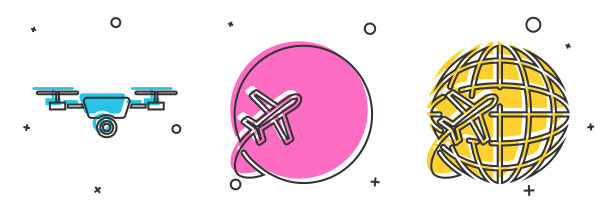 设置无人机飞行与动作摄像机，全球与飞行飞机和全球与飞行飞机图标。向量图片下载
