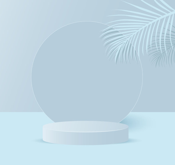 裙台背景与空立方体盒与热带树叶化妆品展示。时尚美向量蓝色背景图片下载