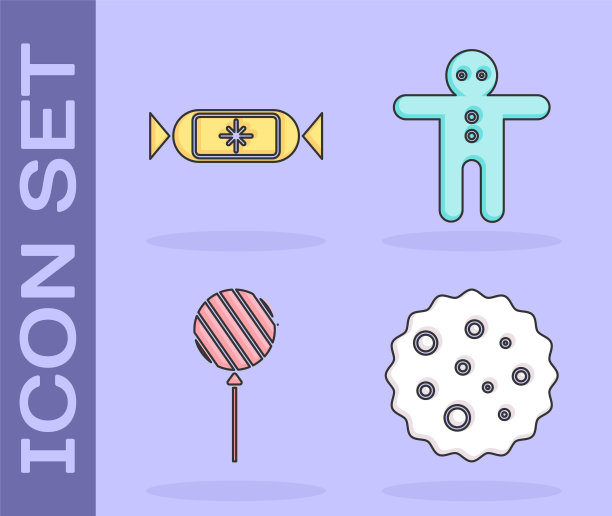 集饼干或饼干与巧克力，糖果，棒棒糖和节日姜饼人饼干图标。向量图片下载