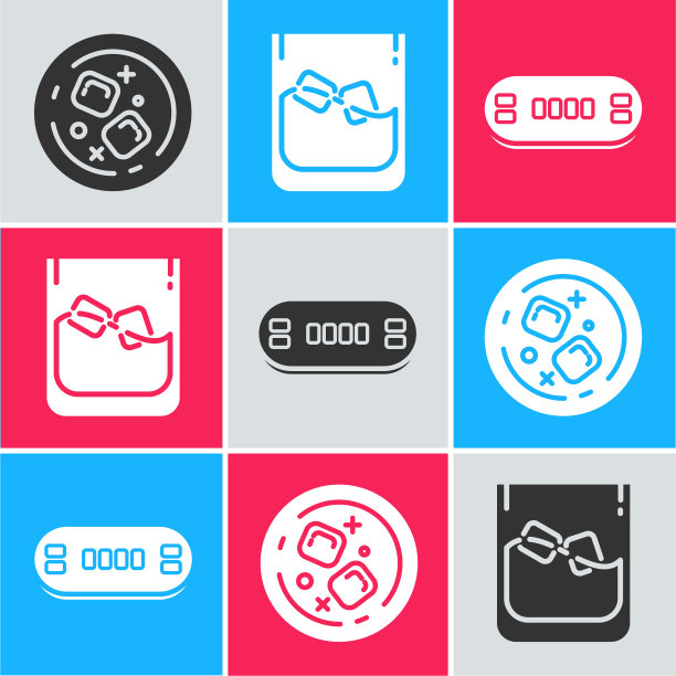 集一杯威士忌和冰块，一杯威士忌和冰块和牌桌图标。向量图片下载