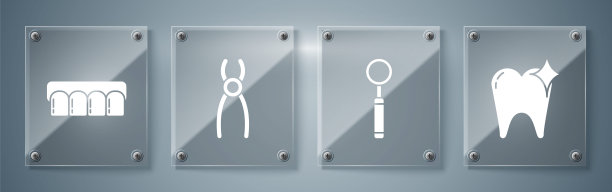 集牙齿美白理念、牙齿检查镜、牙钳、假牙模型于一体。方形玻璃面板。向量图片下载