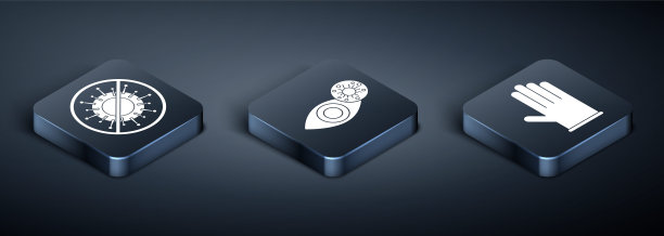 设置“等距停止病毒”、“医用橡胶手套”和“因病毒而发红的眼睛”图标。向量图片下载