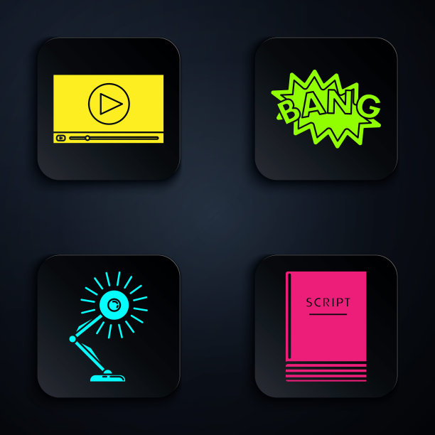 设置场景，在线播放视频，台灯和砰砰文本语音泡泡气球。黑色方形按钮。向量图片下载