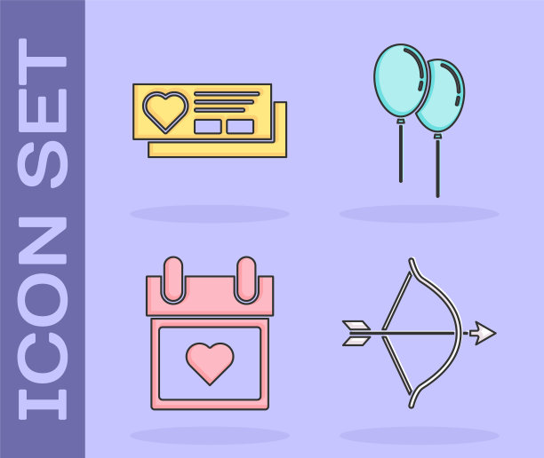 设弓和箭，票与心，日历与心和气球与丝带图标。向量图片下载