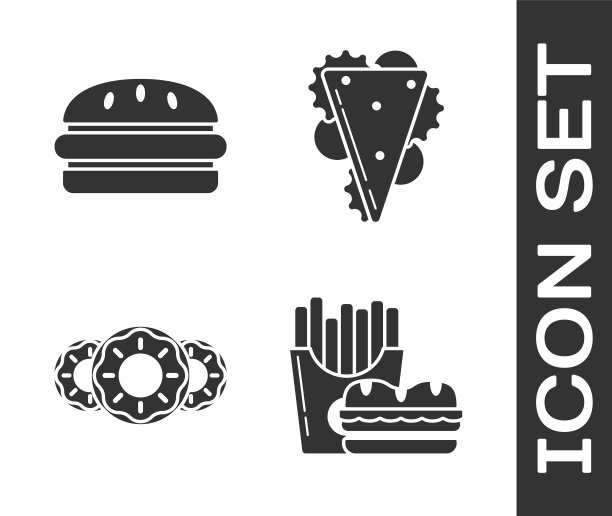 设置汉堡和炸薯条在纸盒包装，汉堡，甜甜圈与甜釉和三明治图标。向量图片下载