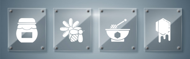 设置蜂巢，蜂蜜勺和碗，蜜蜂和花和蜂蜜罐。方形玻璃面板。向量图片下载