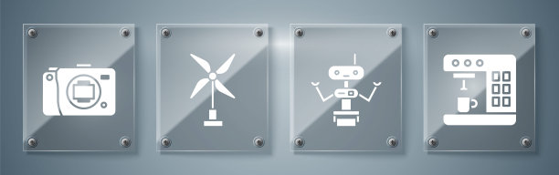 设置咖啡机，机器人，风力发电机和无反光镜相机。方形玻璃面板。向量图片下载