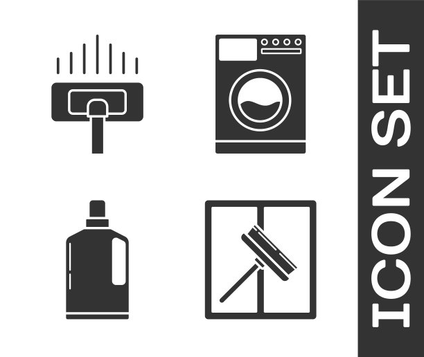 设置胶刮板，刮刀，雨刷，吸尘器，塑料瓶液体洗碗液和洗衣机图标。向量图片下载