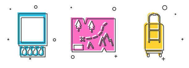 设置打开火柴盒和火柴，折叠地图与位置和手提箱图标。向量图片下载