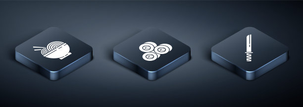 设置等距亚洲面条碗和筷子，传统日本武士刀和寿司图标。向量图片下载