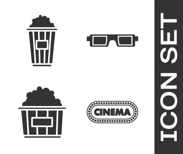 设置电影海报设计模板、纸盒爆米花、纸盒爆米花、3D电影眼镜图标。向量图片下载