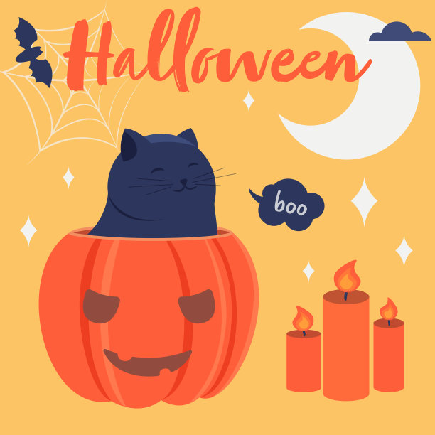 万圣节，可爱的微笑猫坐在南瓜，蜡烛，月亮，星星，蝙蝠在黄色的背景。橙色的南瓜，切了眼睛和嘴巴。万圣节之夜派对，节日气氛。矢量动画。图片下载