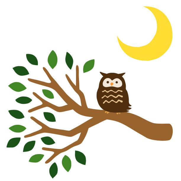 一只猫头鹰栖息在树枝和一弯新月上的插图图片下载