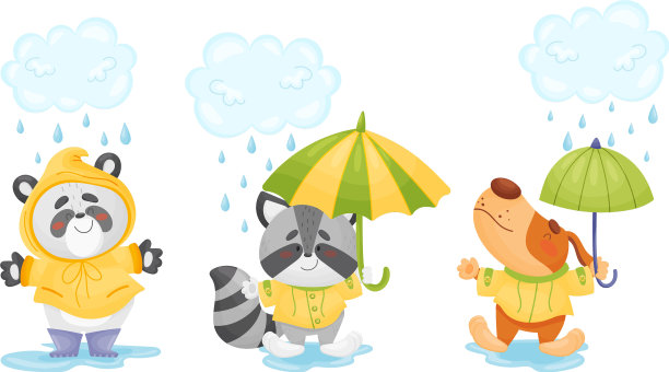 微笑的动物穿着雨衣在雨中行走图片下载