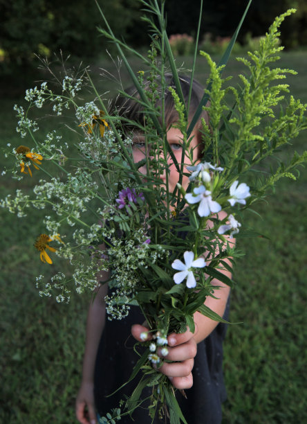 孩子手里拿着一束不同颜色的野花图片下载