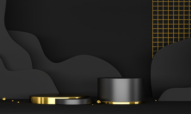 3D渲染裙房黑色和金色元素。抽象几何形状的空白裙房。最小的场景步骤地板抽象组成。空展柜，基座平台展示。图片下载