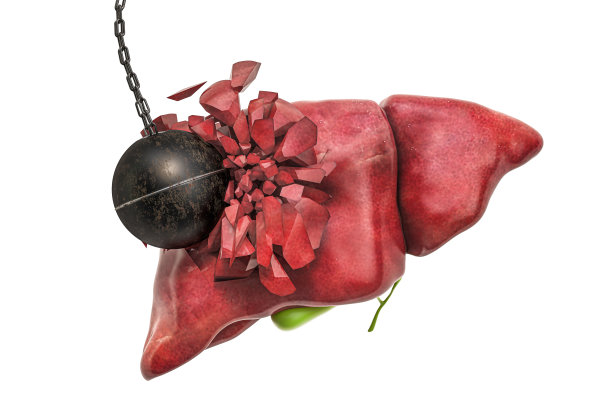 人的肝脏被破坏球破坏。肝痛，肝病概念。3D渲染孤立的白色背景图片下载