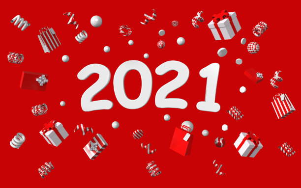 2021年新年概念与礼盒五彩纸屑和派对彩带跳舞的红色背景图片下载