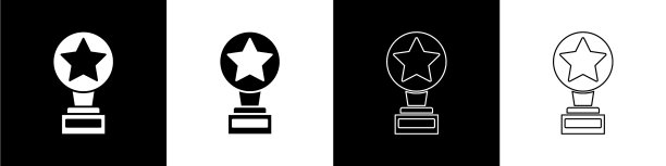 设置电影奖杯图标隔离在黑色和白色图片下载