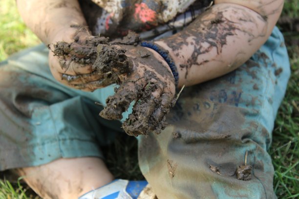 婴儿的手在泥里。图片下载