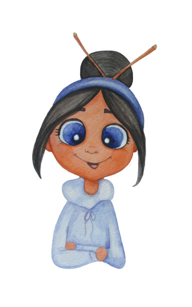 可爱女孩插图。一个微笑的黑发女子的肖像，带着蓝色的绷带和珠宝-编织针。手绘。孤立的白色背景。水彩图片下载
