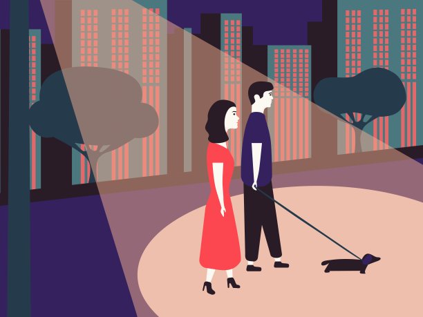 夜晚城市公园里遛狗的男人和女人图片下载